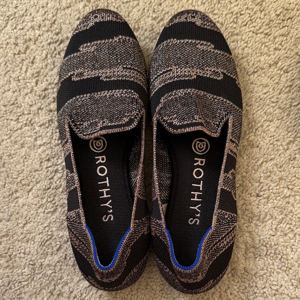 Rothy's Black and Gold Patterned Loafers